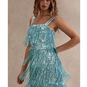 Blue Sequins Party Dress Sequin Fringe, Tassels